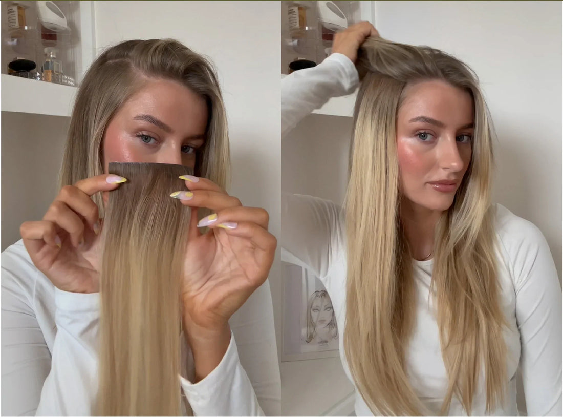 Comparativa de extensiones: banda de cabello adhesiva en la mano y resultado final en melena rubia