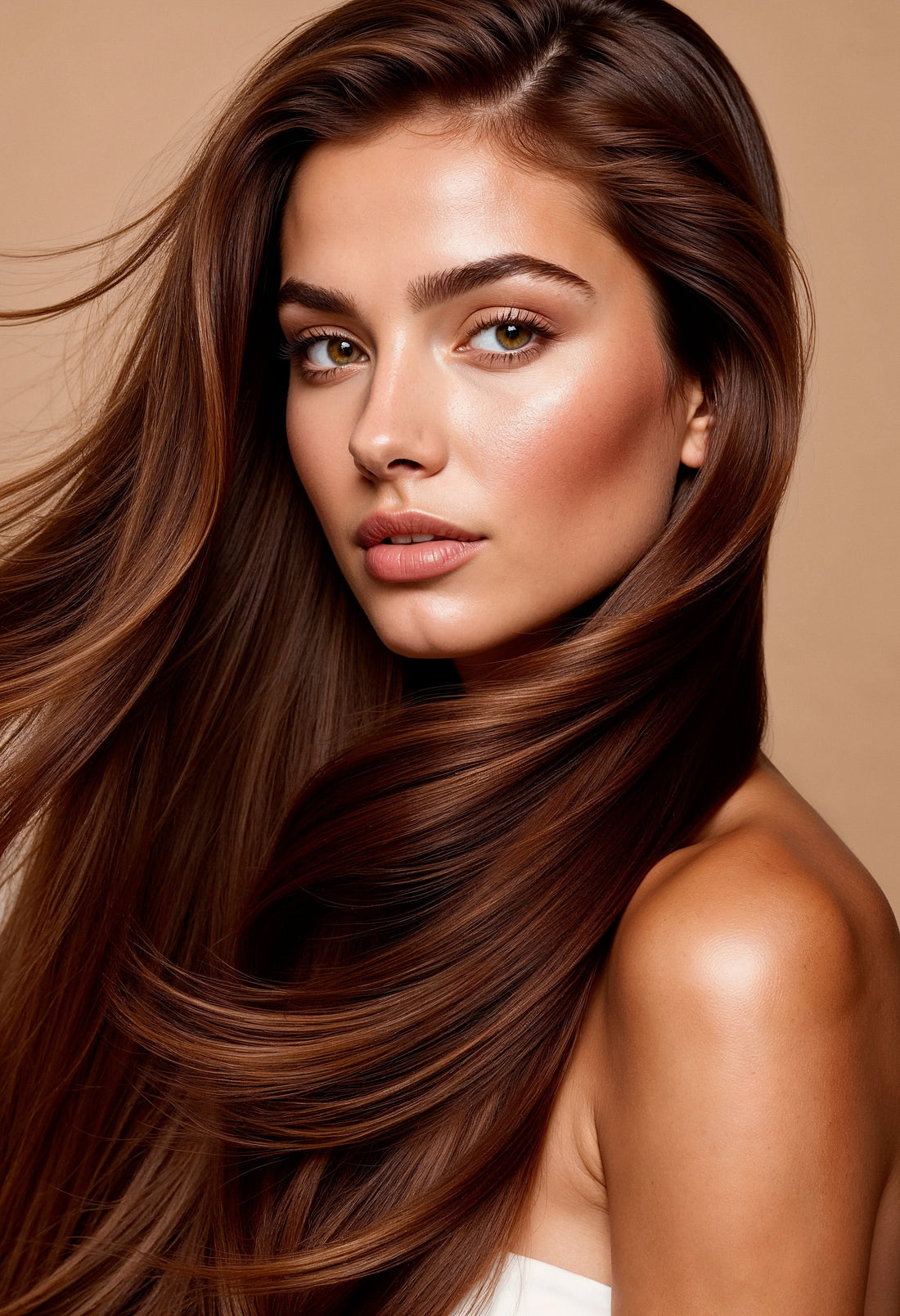 Melena castaña larga y natural con extensiones de microcápsulas invisibles, resultado sin transiciones visibles