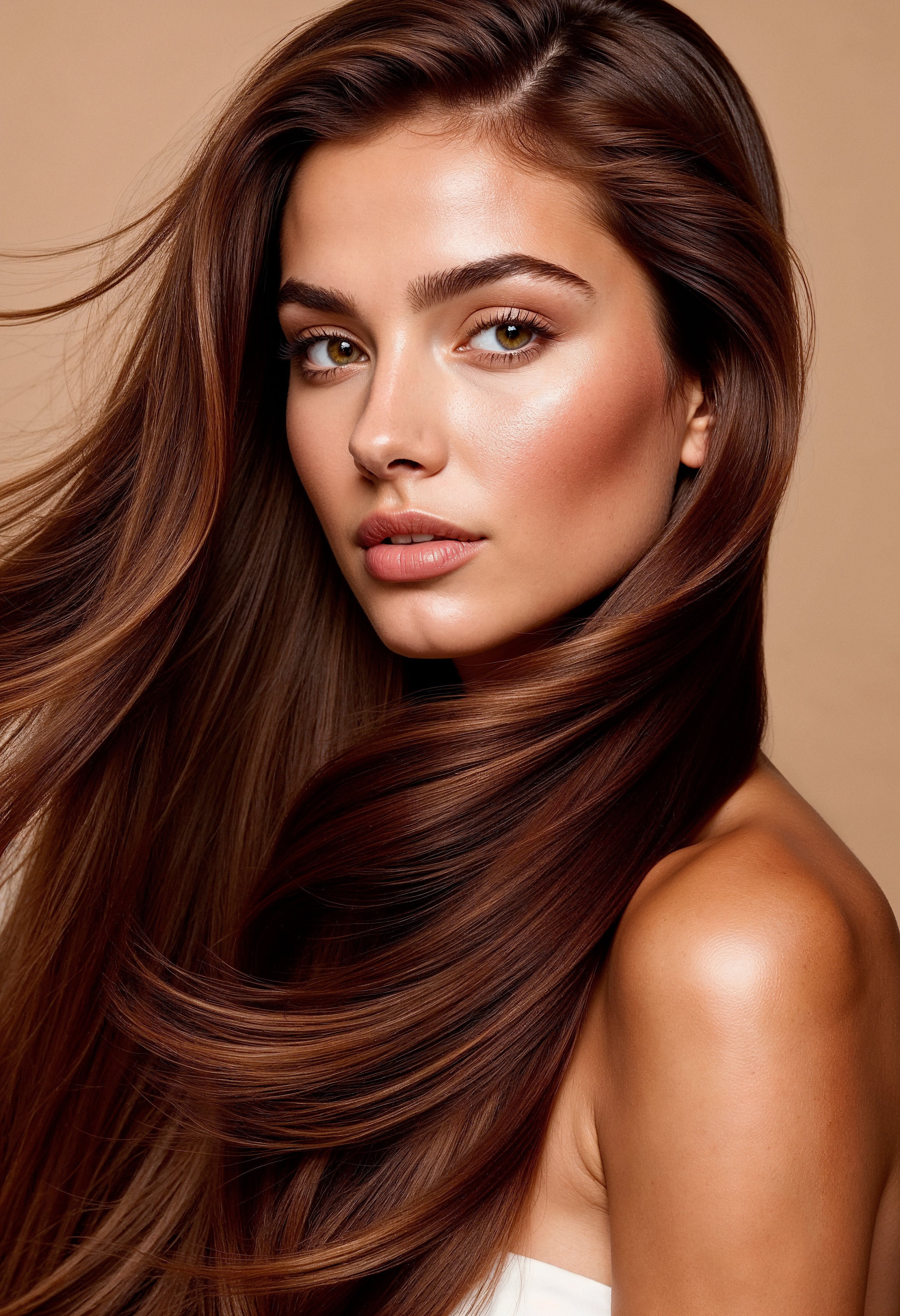 Melena castaña larga y natural con extensiones de microcápsulas invisibles, resultado sin transiciones visibles
