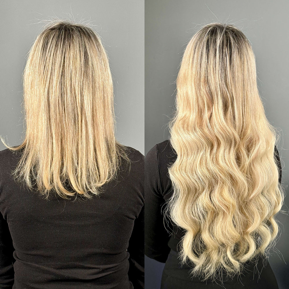 Antes y después de extensiones de pelo: melena rubia fina a la altura del hombro y resultado largo y denso