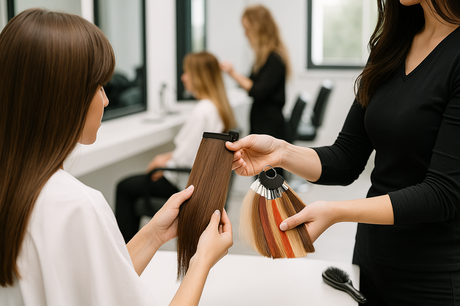 Estilista mostrando mechas de cabello natural y paleta de colores durante una consulta de extensiones en Makarova Hair Studio